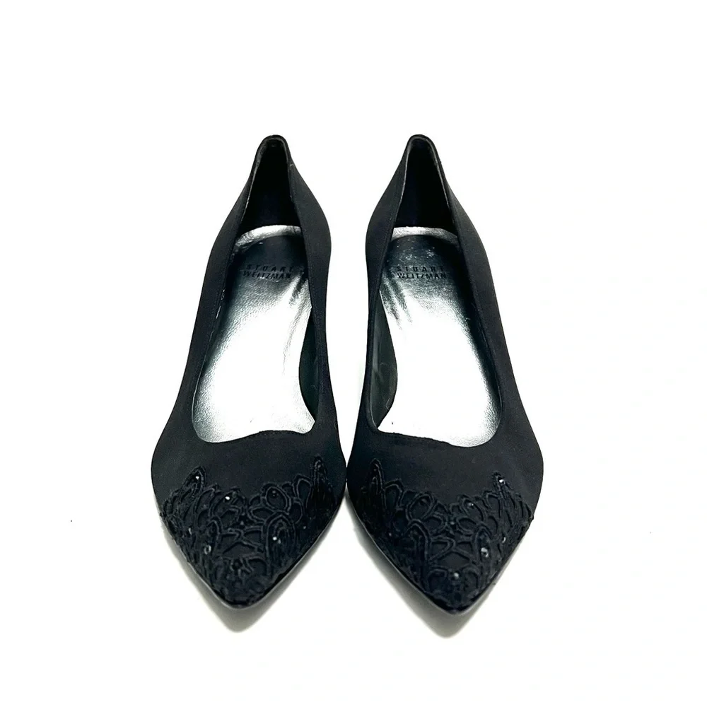 Vintage 1990s deadstock black nylon rhinestone lace pointed toe kitten heels